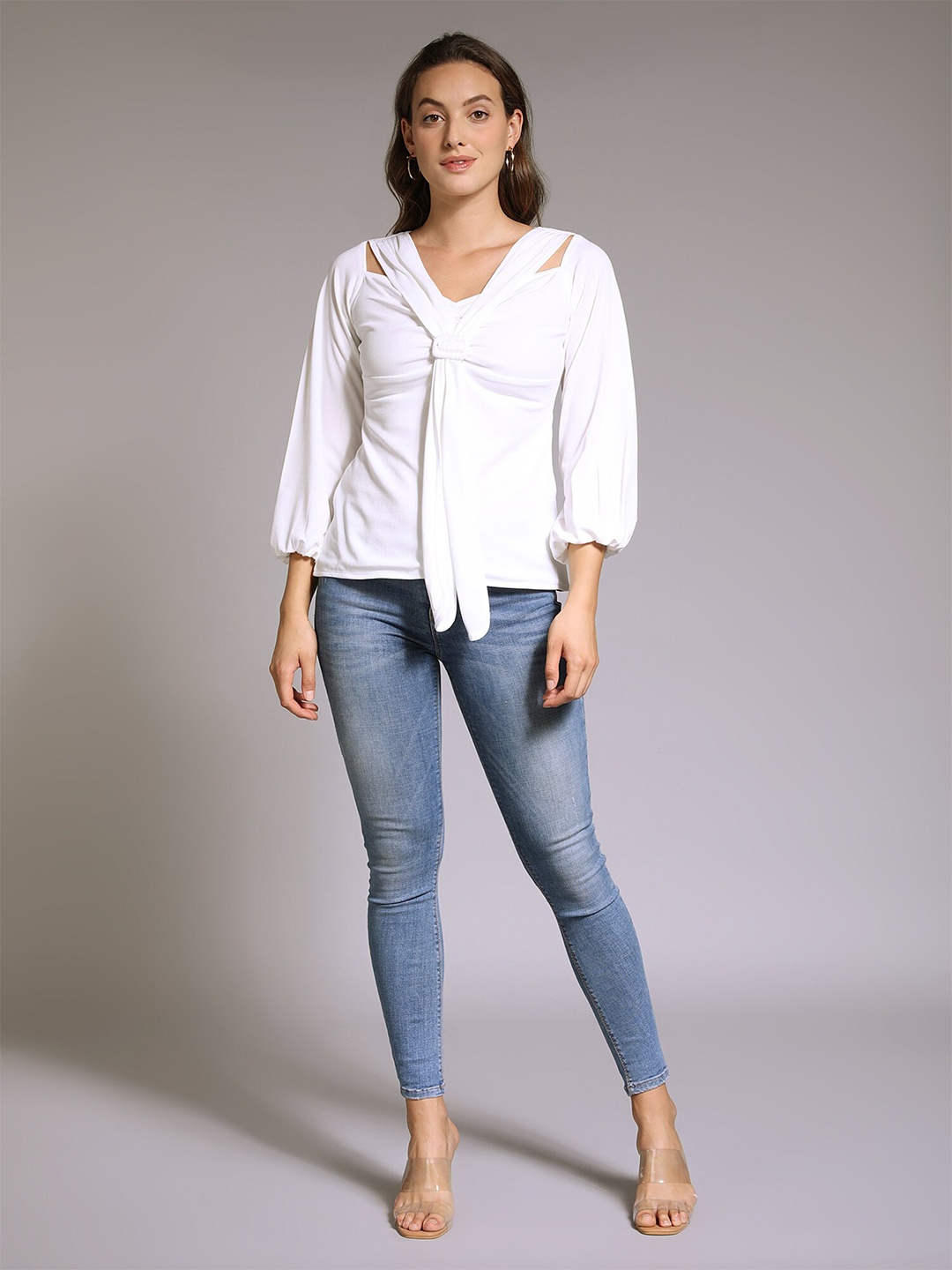 

PEACH & PANDA Women White Solid Tie-Up Regular Top