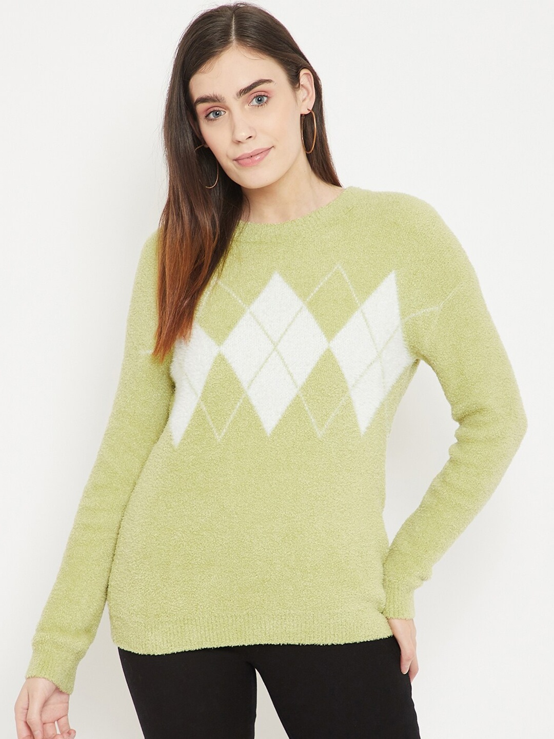 

Madame Women Green & White Printed Pullover