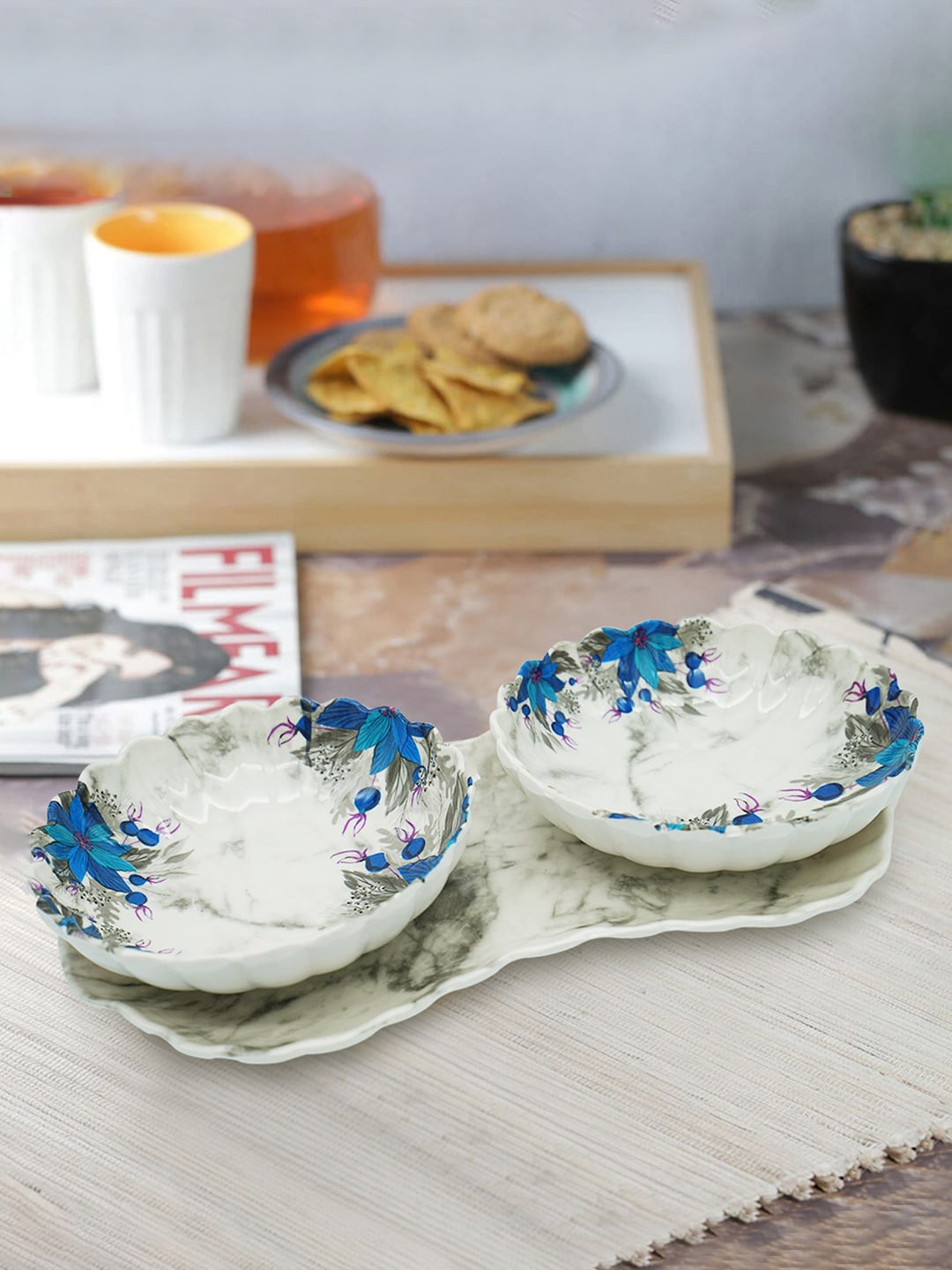

Gallery99 White Floral Printed 2 Serving Bowl With Tray