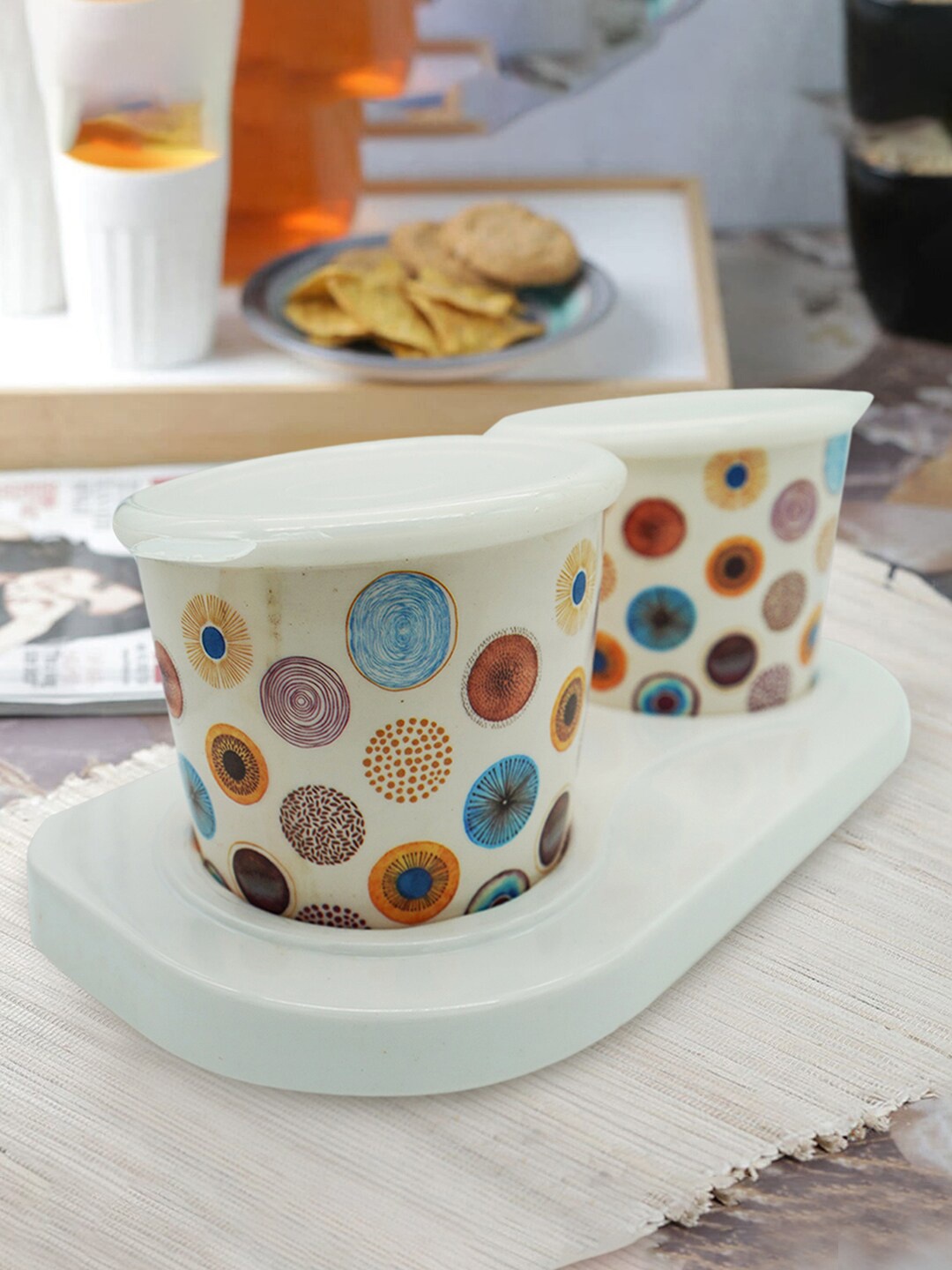 

Gallery99 White & Blue Printed Snacks Containers & Cookies Jar With Tray