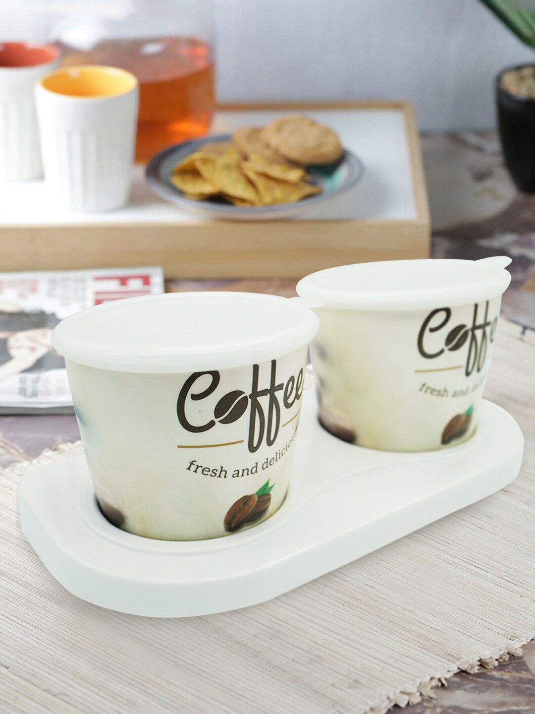 

Gallery99 Set Of 2 Coffee Snacks Containers Jar & 1 tray, White