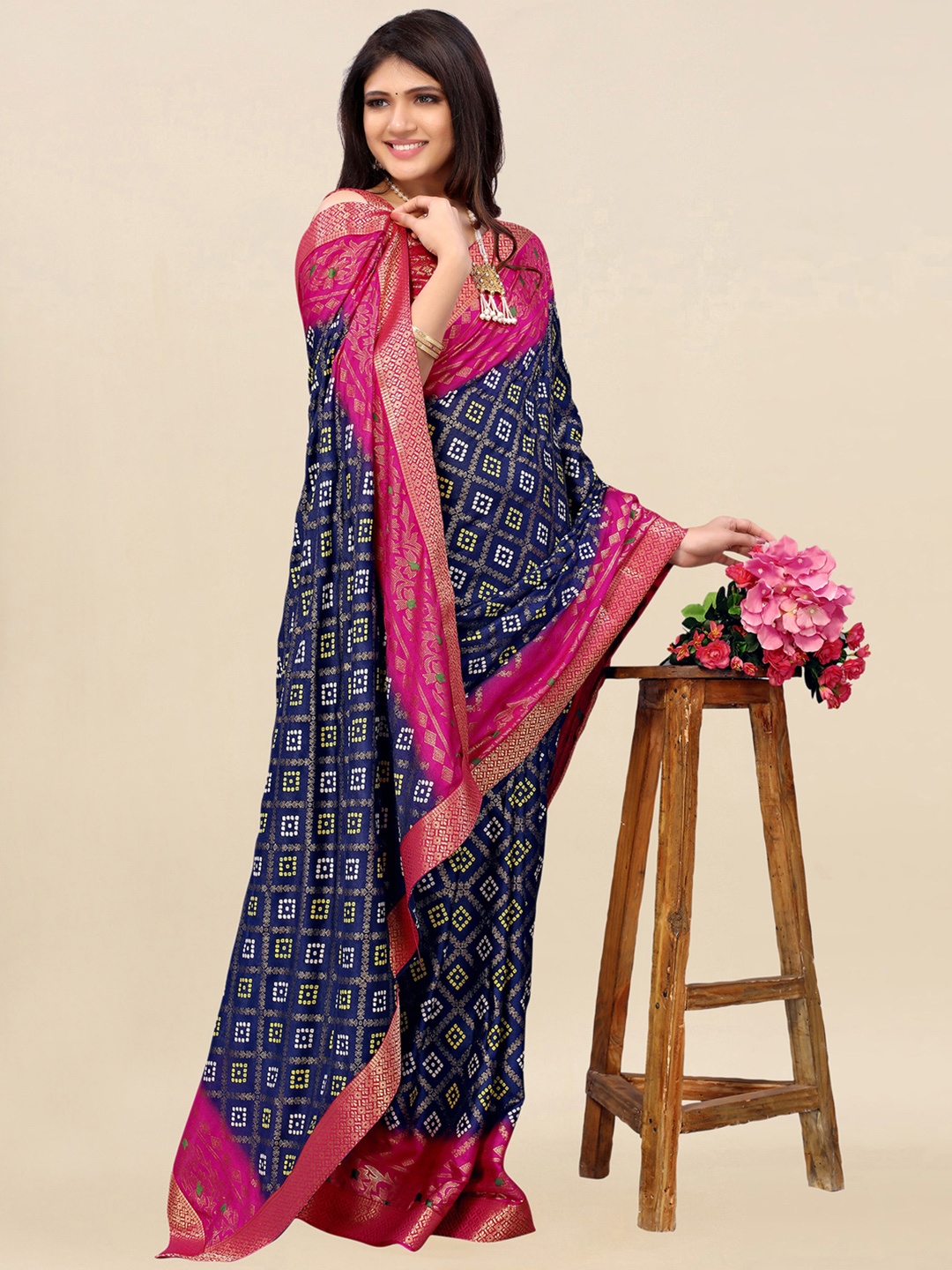 

Satrani Blue & Pink Zari Silk Blend Bandhani Saree