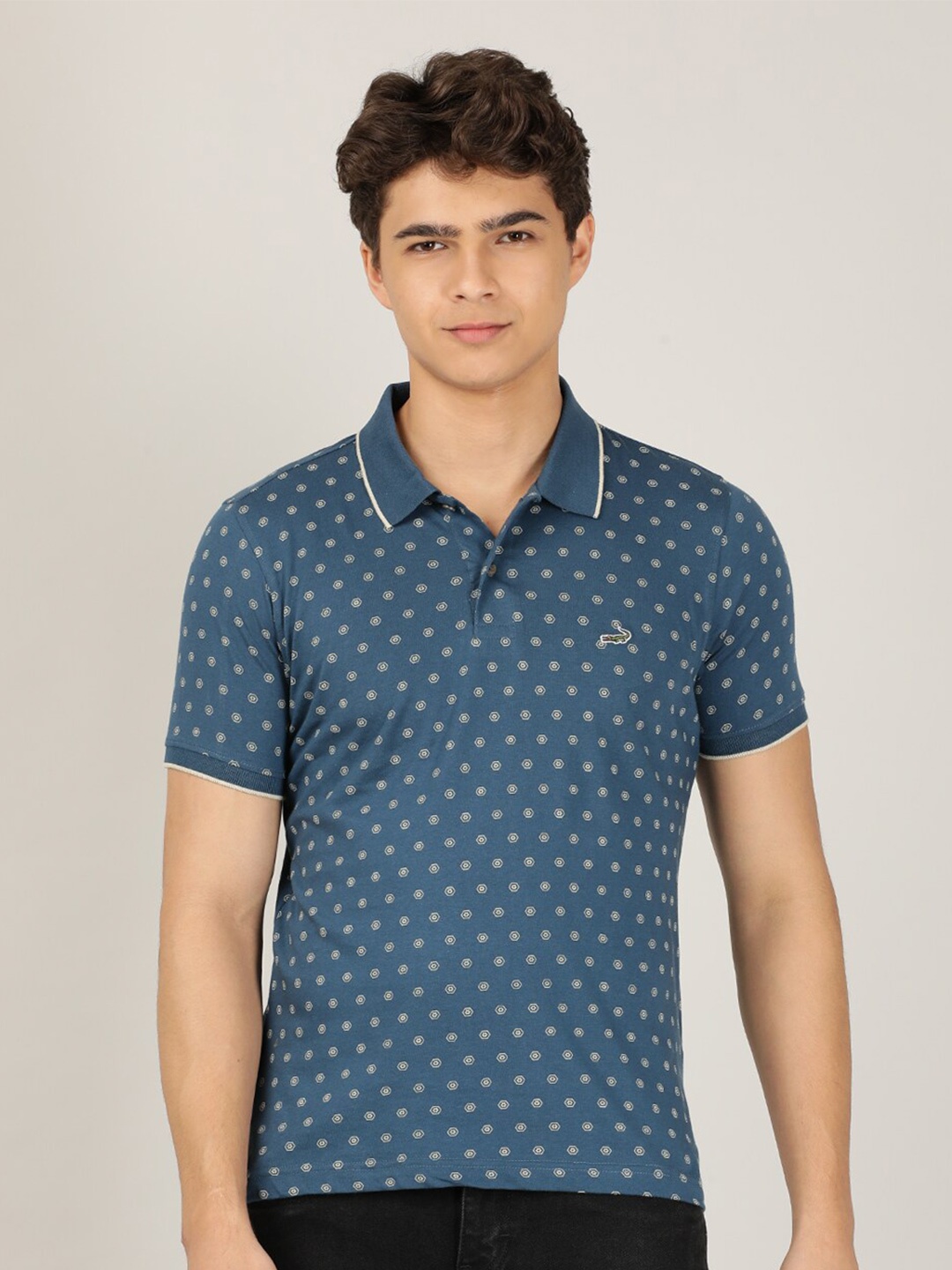 

Crocodile Men Blue Printed Polo Collar Slim Fit T-shirt