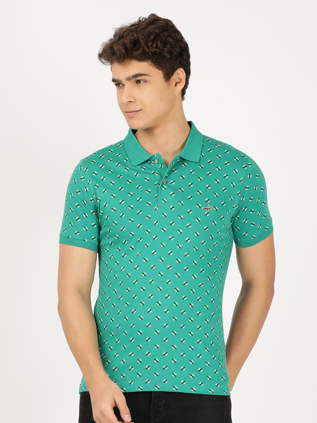 

Crocodile Men Green Printed Polo Collar Slim Fit T-shirt