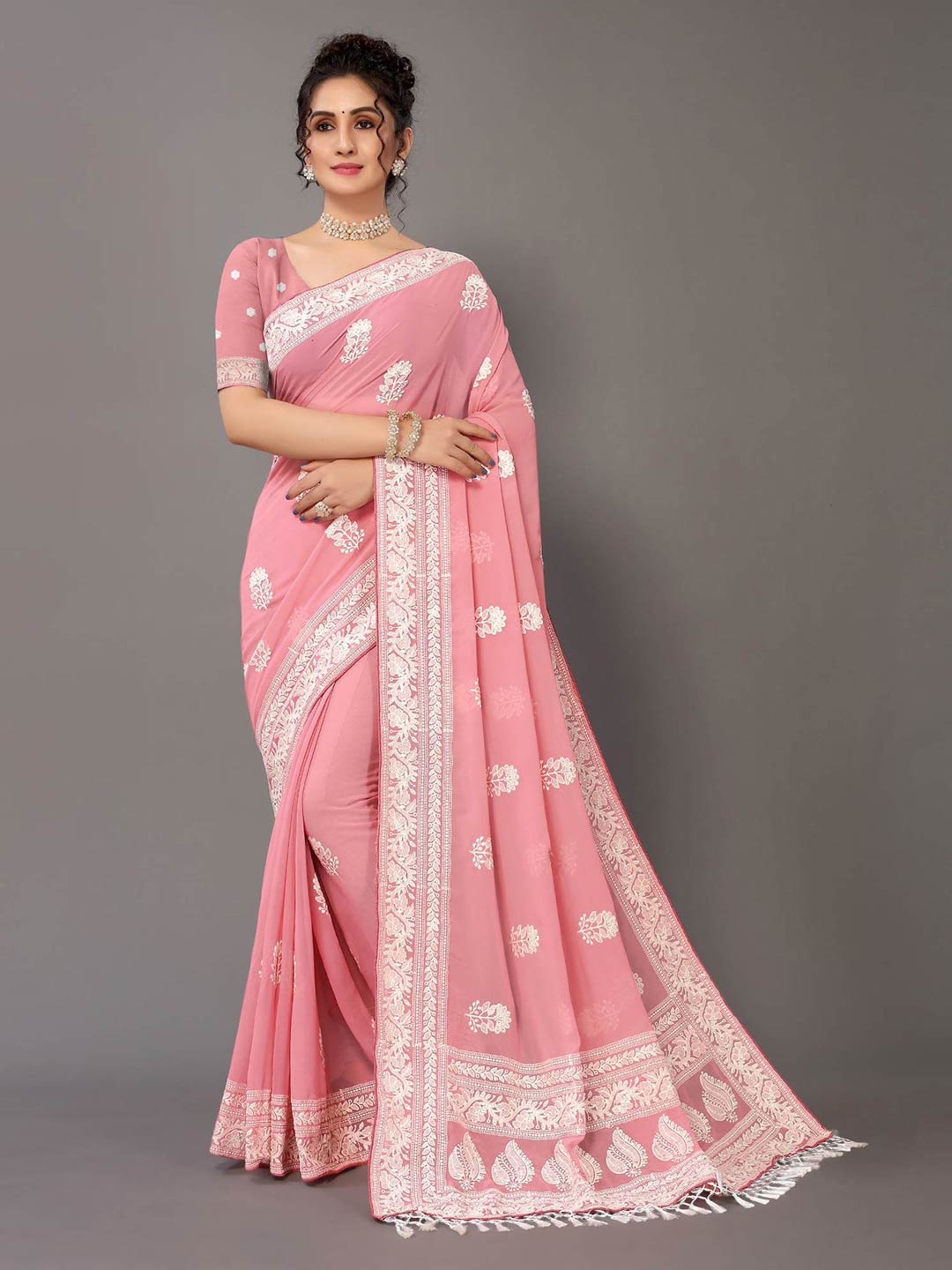 HRITIKA Pink & White Floral Chikankari Pure Georgette Saree