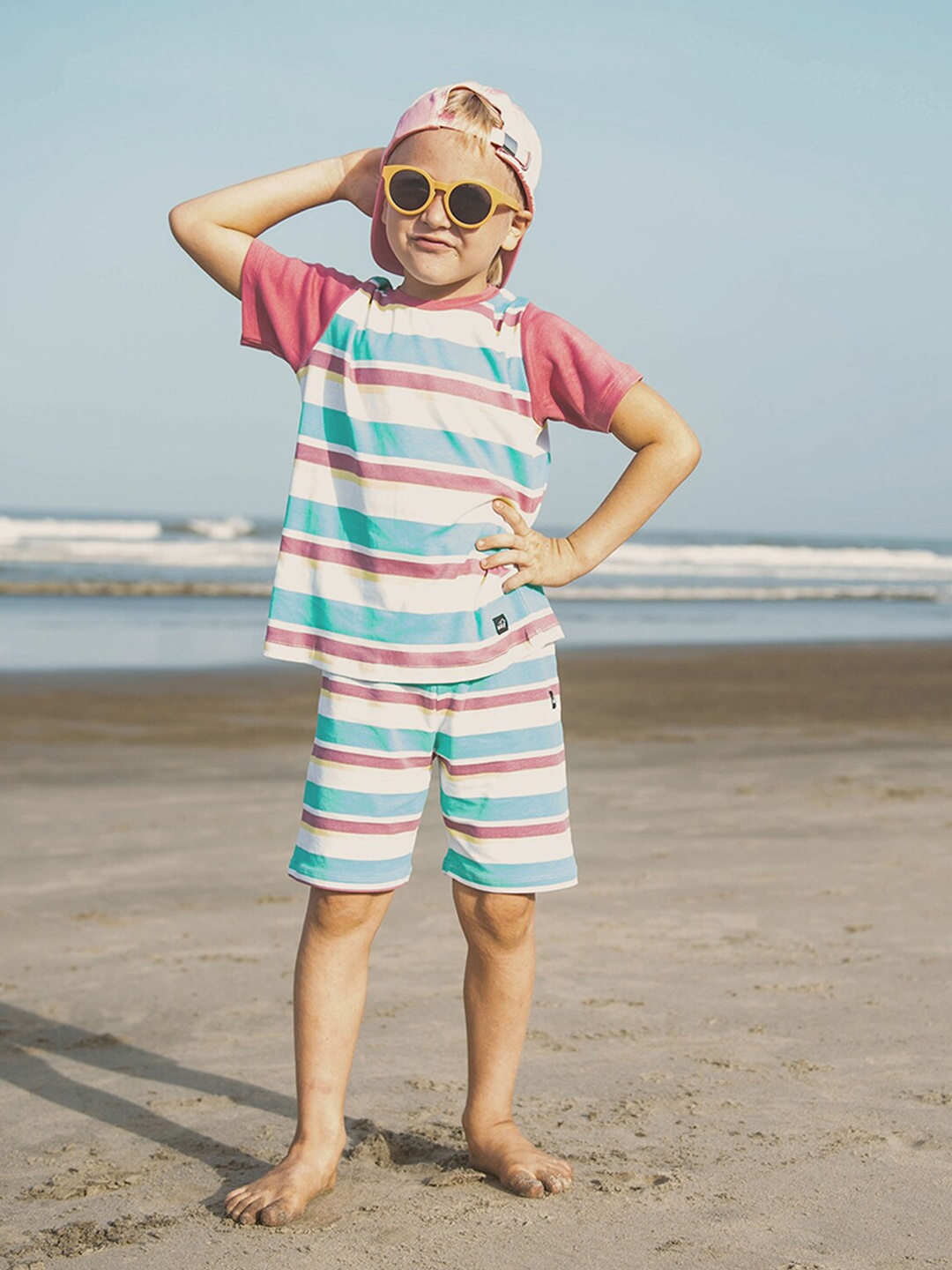 

Whistle & Hops Kids Multicoloured Striped Organic Cotton Sustainable T-shirt, Blue