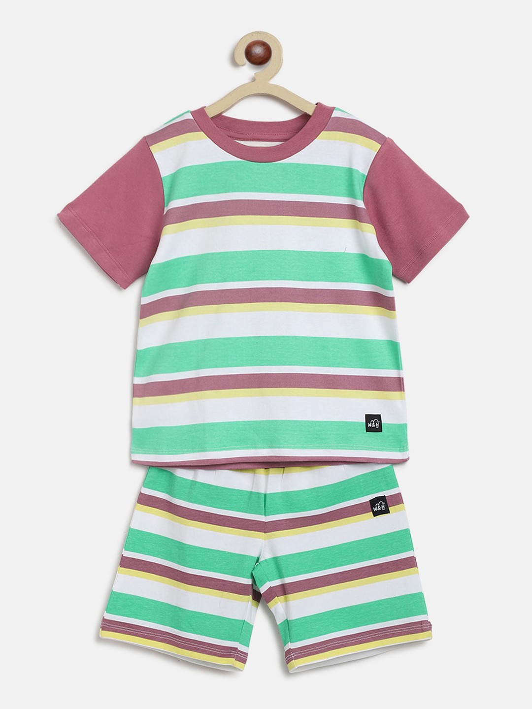 

Whistle & Hops Unisex Kids Green & White Striped Sustainable T-shirt with Shorts