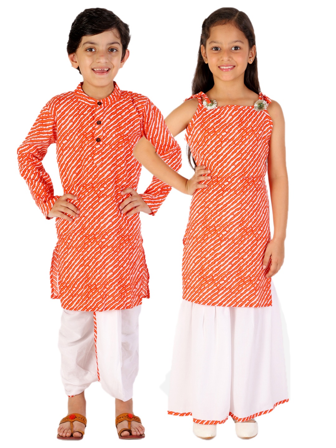 

YK Girls Orange & White Leheriya Printed Kurta With Sharara Pants