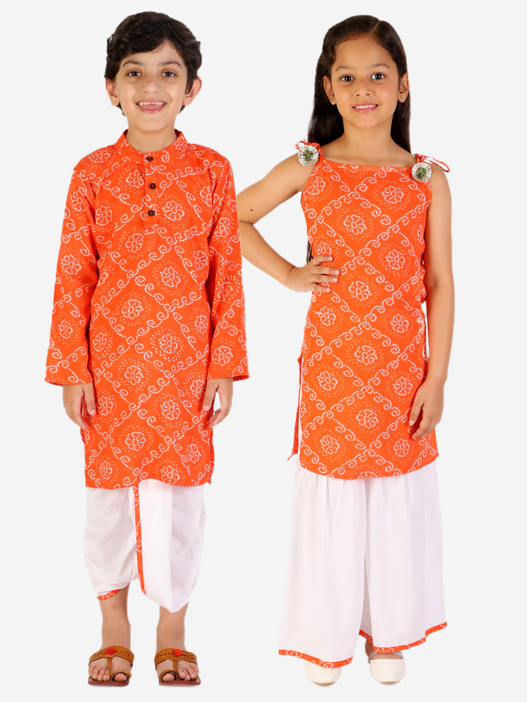 

YK Girls Orange & White Bandhani Printed Kurta with Sharara