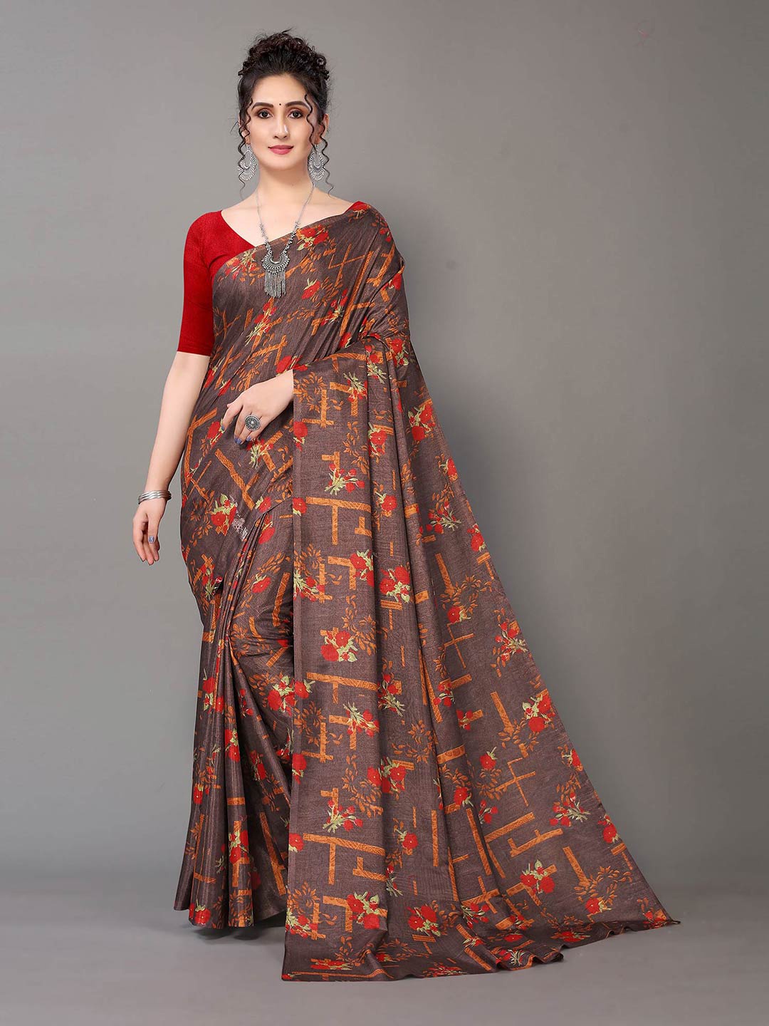 

HRITIKA Brown & Red Floral Art Silk Mysore Silk Saree