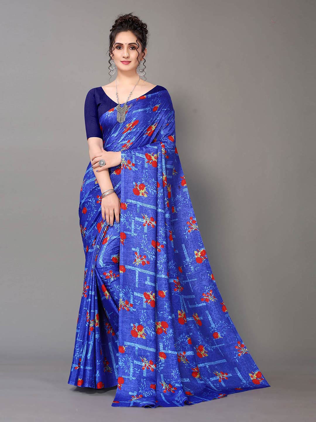 

HRITIKA Blue & Red Floral Art Silk Mysore Silk Saree