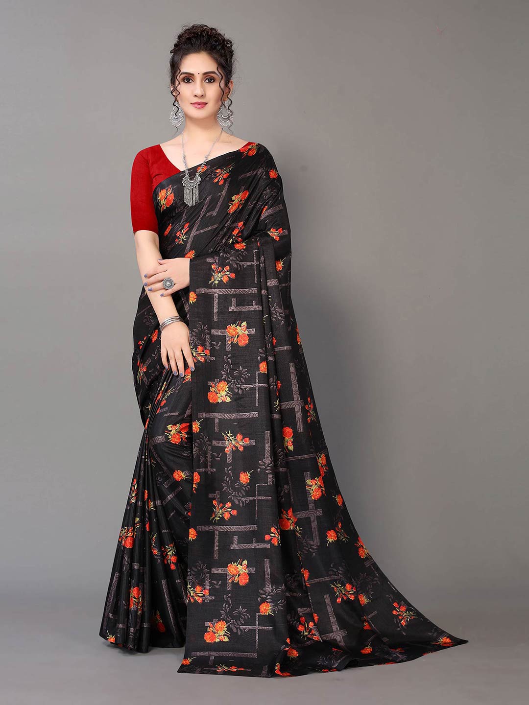 

HRITIKA Black & Orange Floral Art Silk Mysore Silk Saree