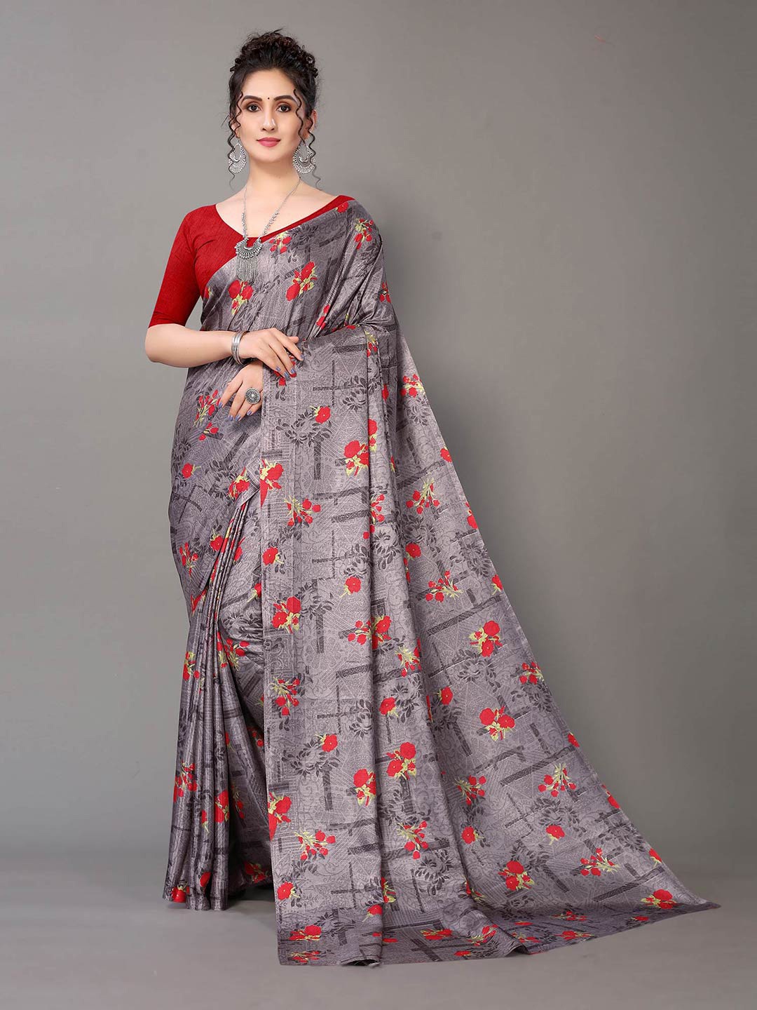 

HRITIKA Grey & Red Floral Art Silk Mysore Silk Saree