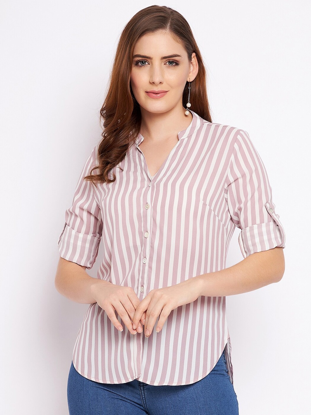 

Ruhaans Women White Classic Striped Casual Shirt