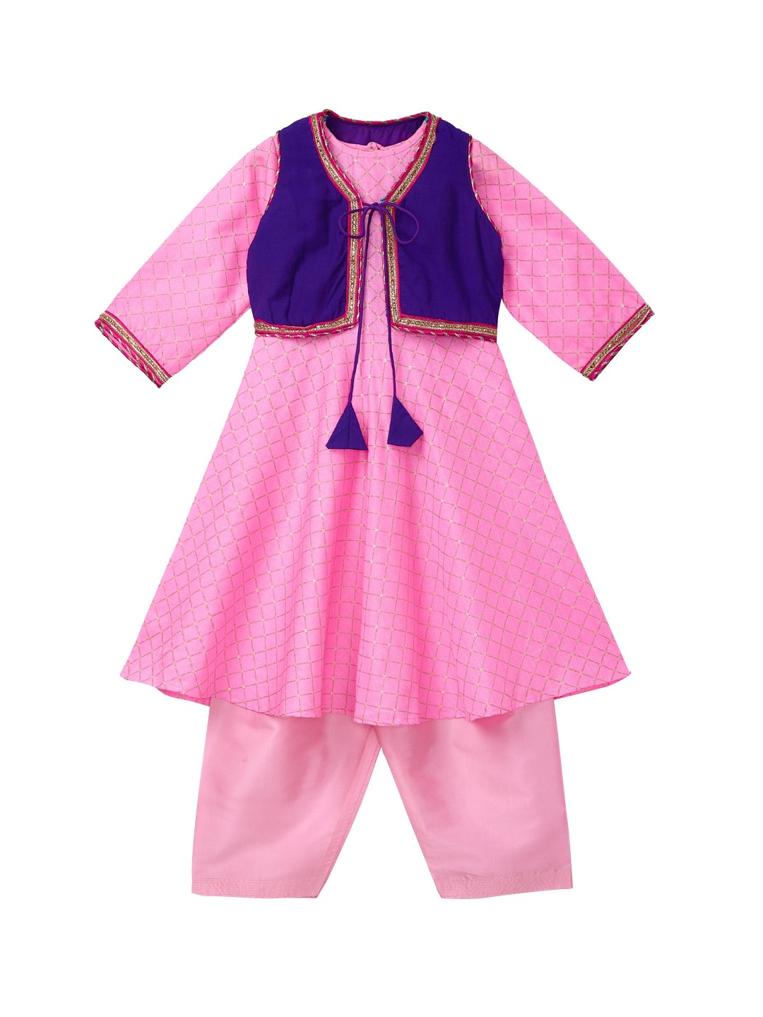 

YK Girls Pink Printed Anarkali with Pyjamas and removable coat.