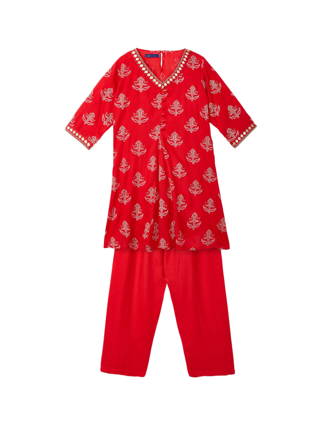 

YK Girls Red Ethnic Motif Print V-Neck Kurti with Pyjamas