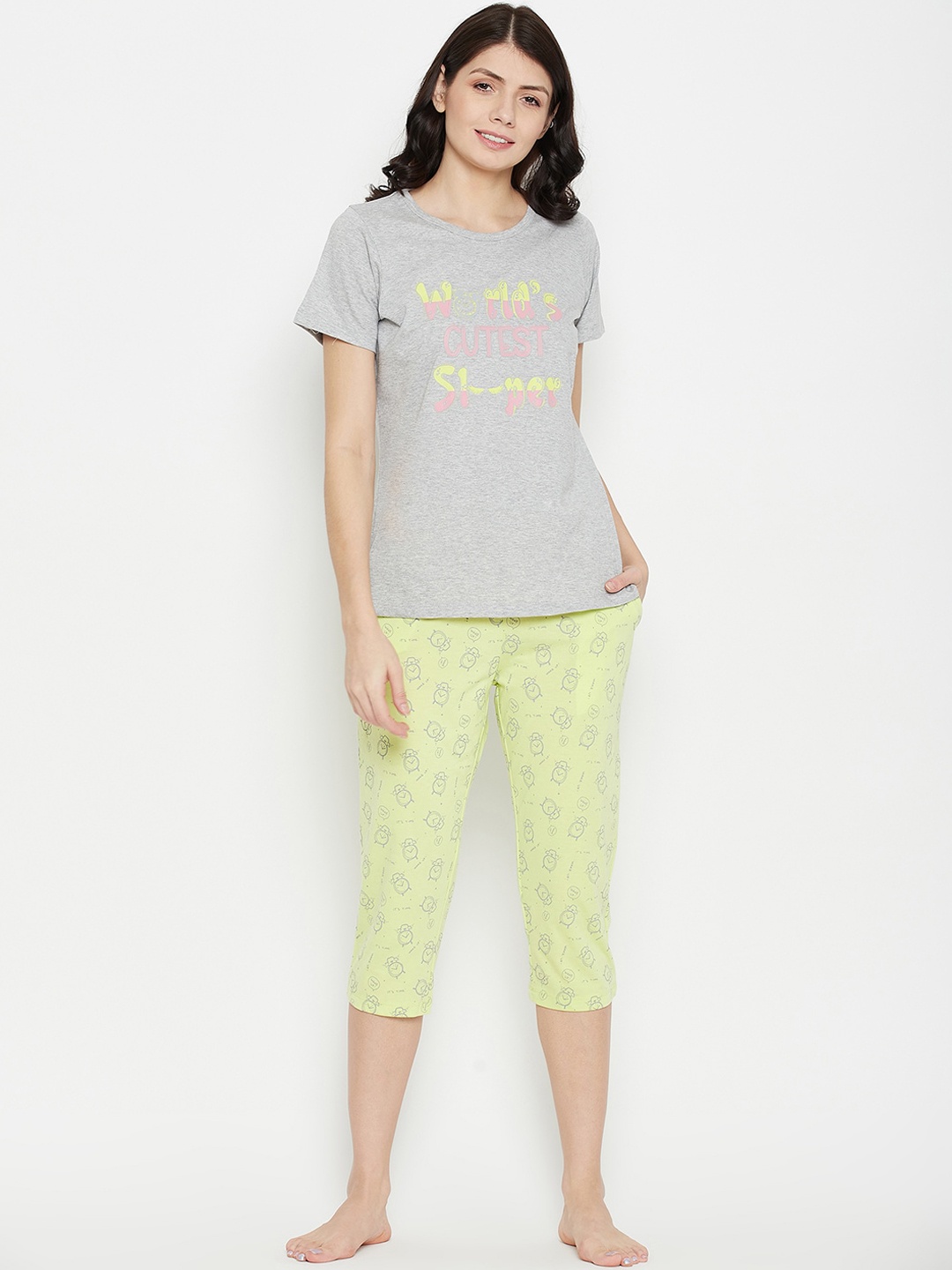 

MADAME M SECRET Women Grey & Yellow Printed Night Suit