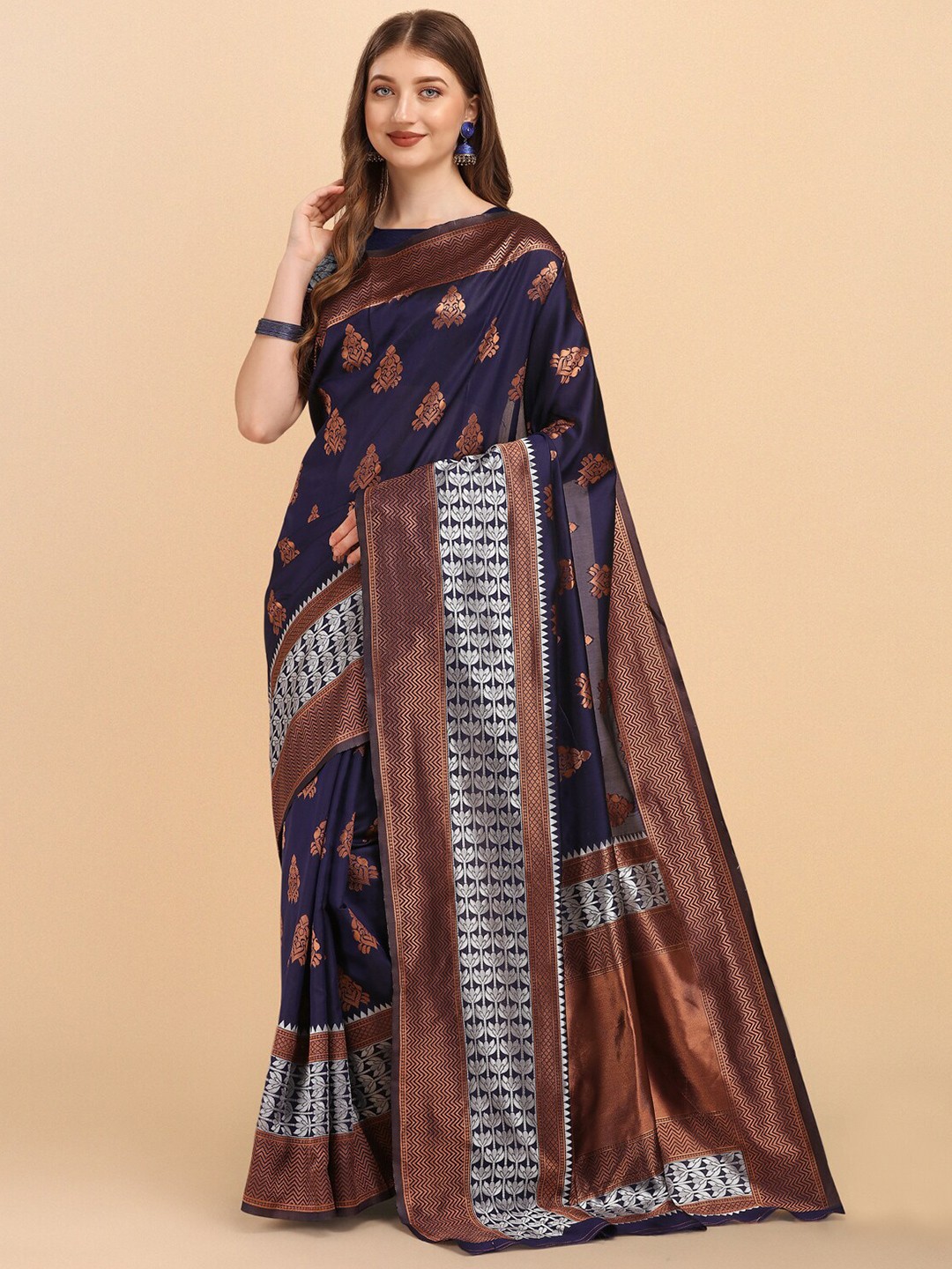 

Jinax Blue & Silver-Toned Woven Design Zari Pure Silk Banarasi Saree