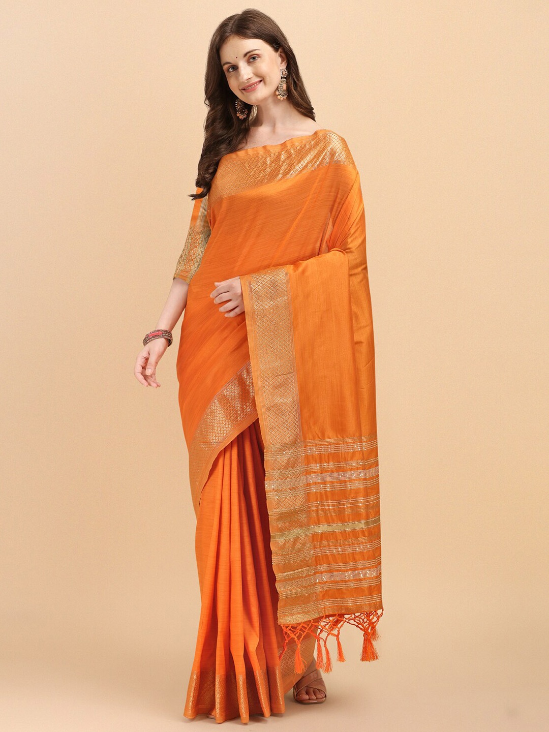 

Jinax Orange & Gold-Toned Woven Design Pure Silk Banarasi Saree