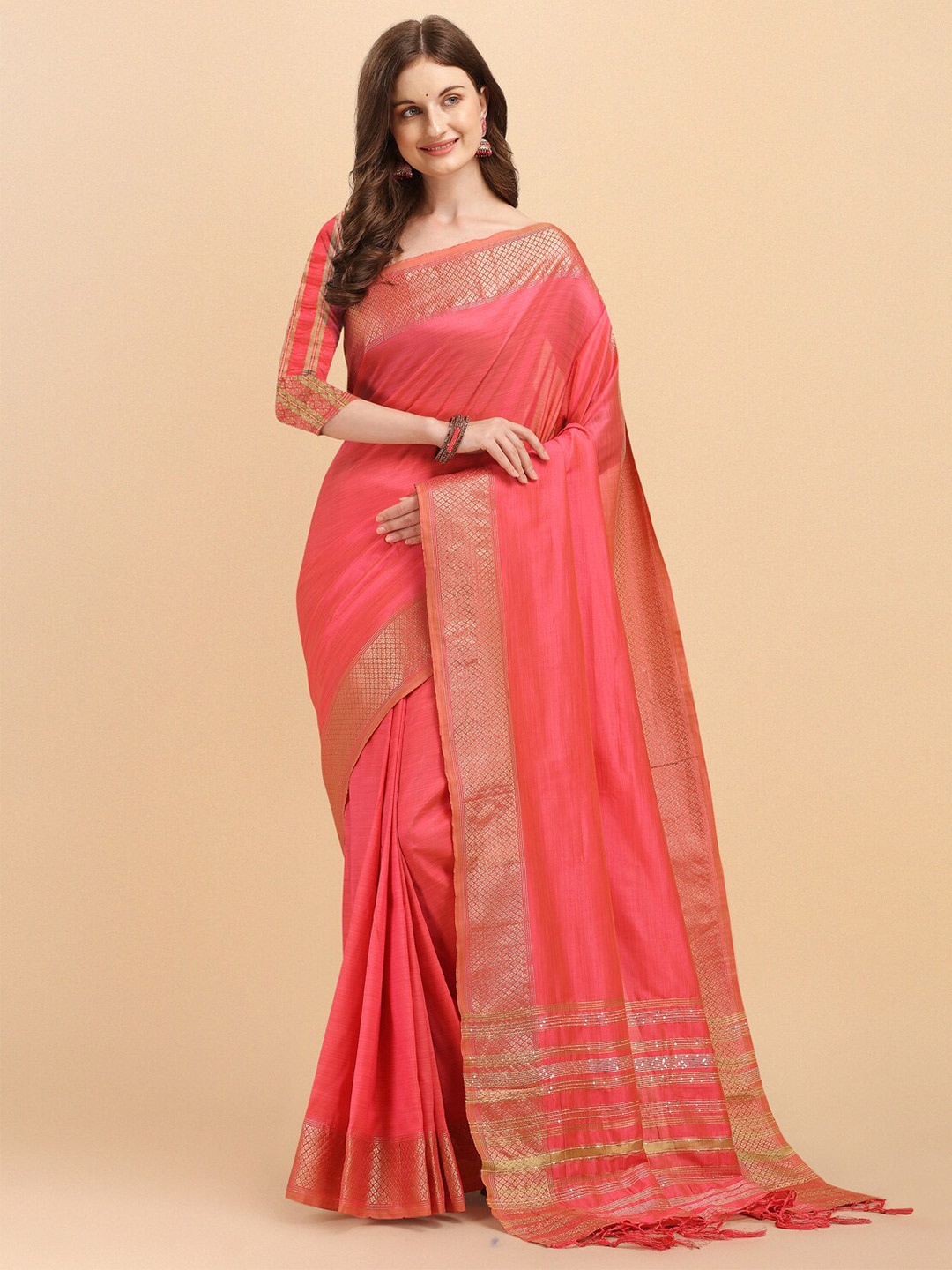

Jinax Peach-Coloured & Gold-Toned Woven Design Zari Pure Silk Banarasi Saree