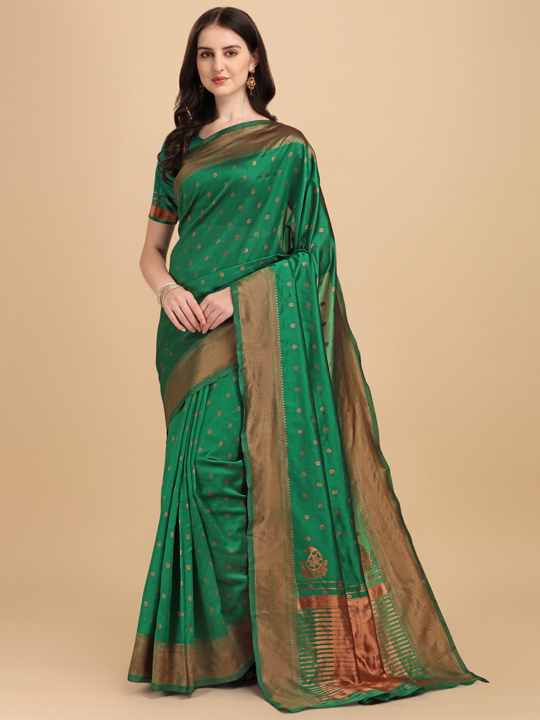 

Jinax Green & Brown Woven Design Zari Pure Silk Banarasi Saree