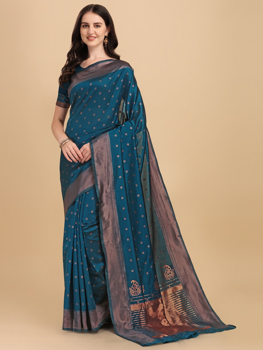 

Jinax Teal & Gold-Toned Woven Design Zari Pure Silk Banarasi Saree