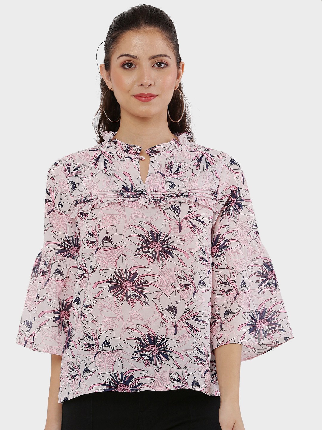 

Reshavio Pink Floral Print Mandarin Collar Georgette Top