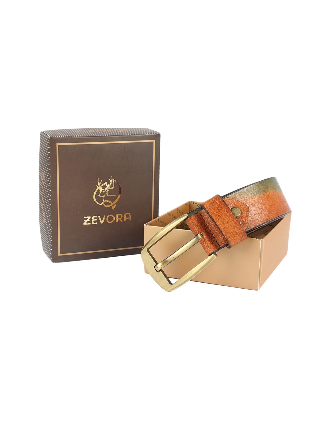 

ZEVORA Men Tan & Green Solid Leather Belt