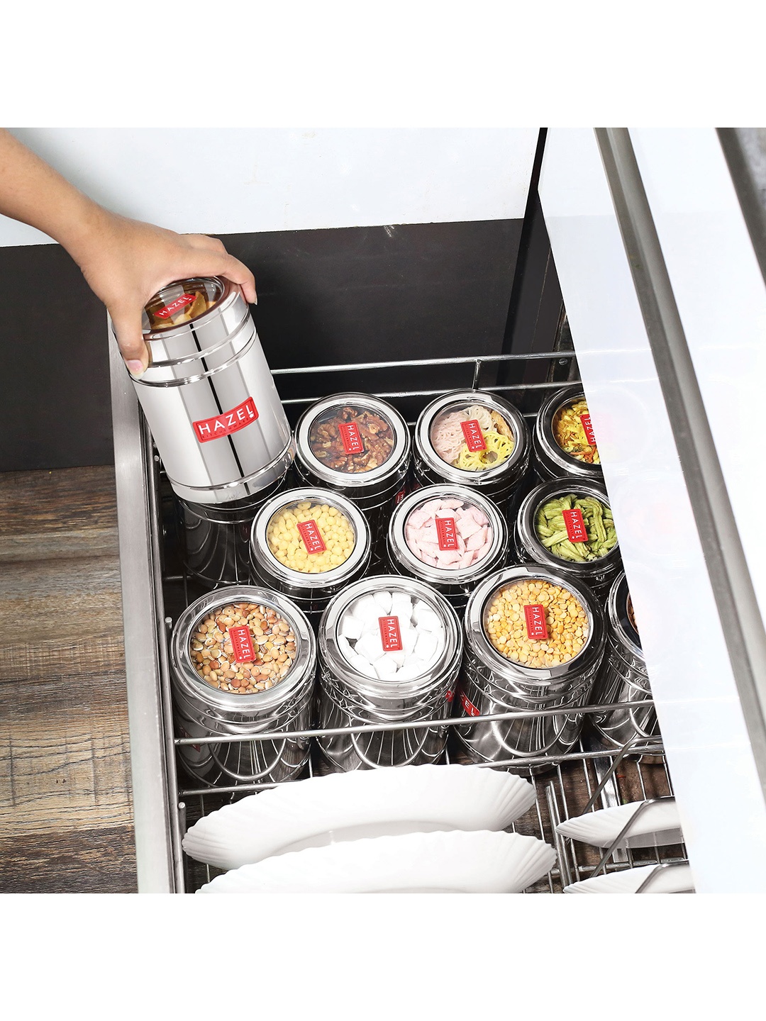 

HAZEL Set Of 3 Silver-Toned Stainless Steel Containers with Transparent Lid