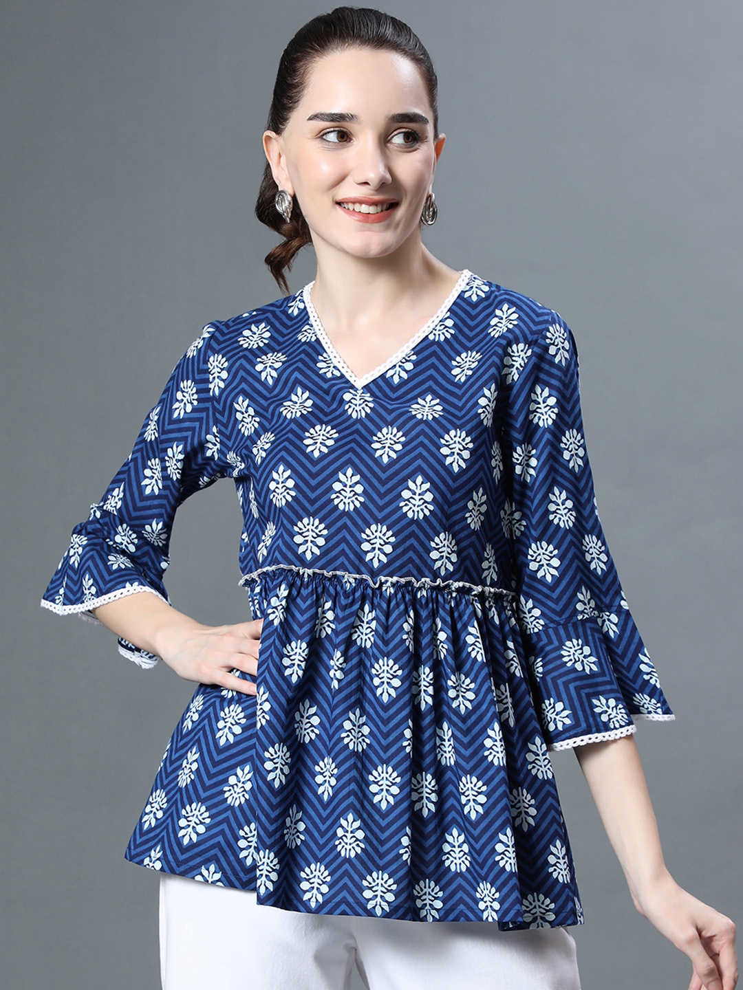 

NITVAN Women Blue Floral Print Top