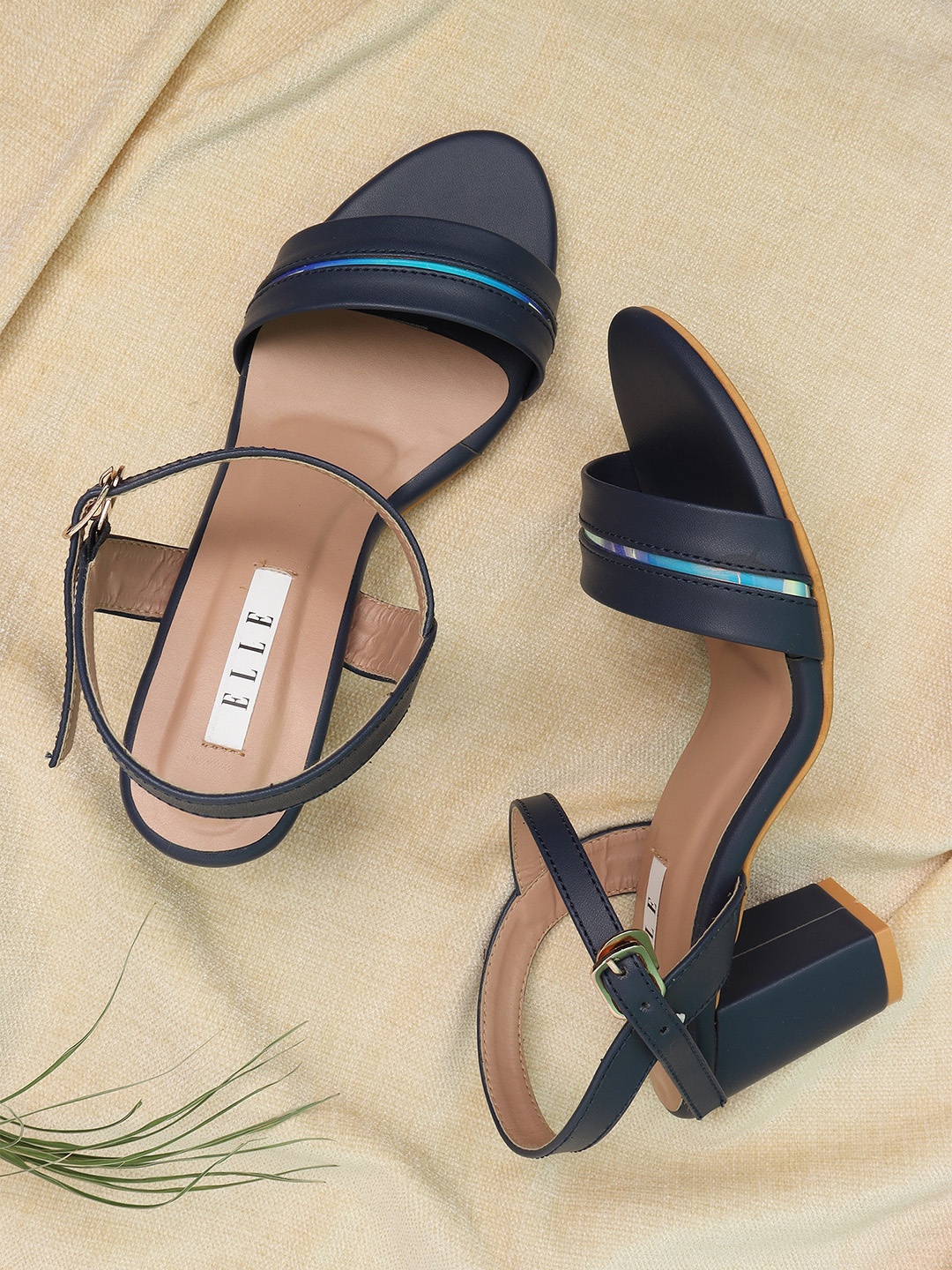 

ELLE Navy Blue Striped Block Sandals 3 Inch Heels