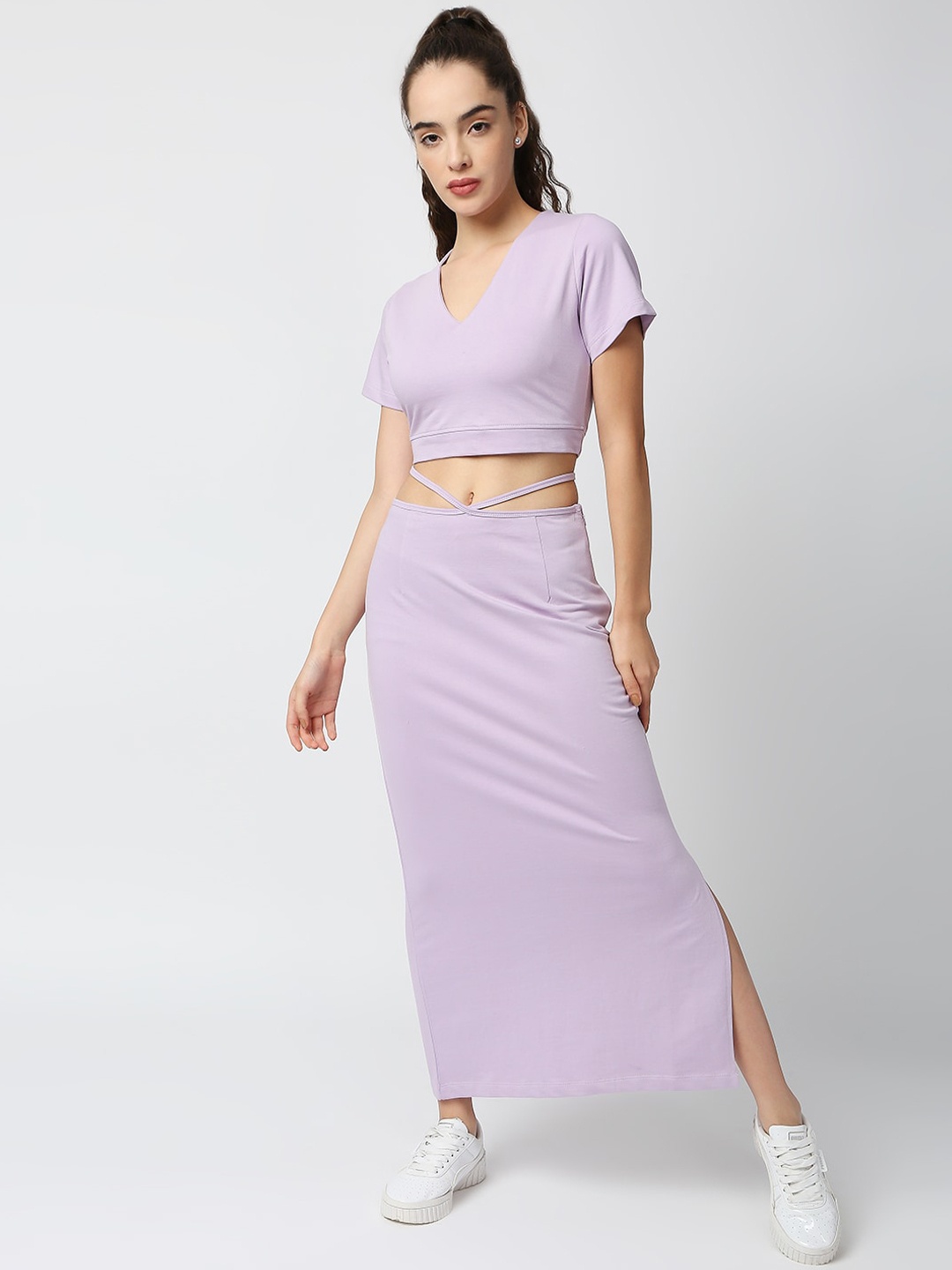 

Blamblack Women Pastel Lavender Colored Solid Top And Straight Skirt Co-Ords Set
