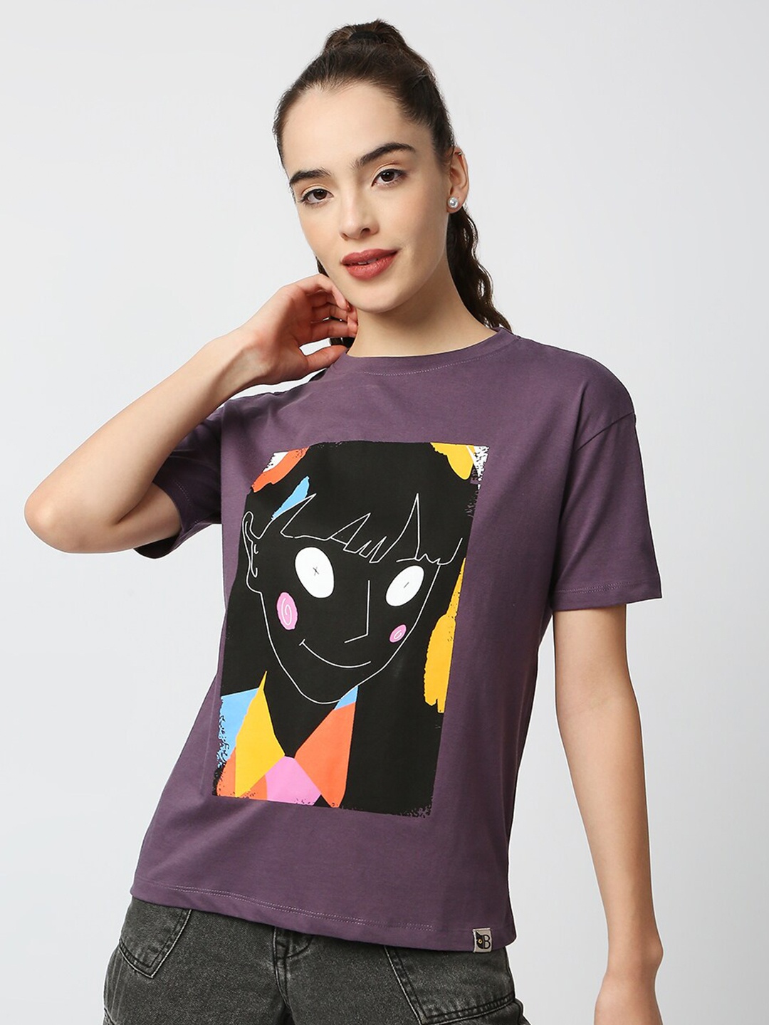 

Blamblack Women Lavender Printed Drop-Shoulder Sleeves T-shirt