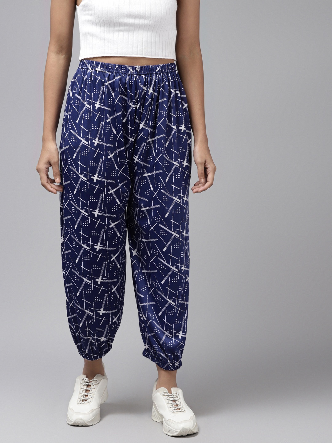

Aarika Women Blue Printed Cotton Joggers, Navy blue