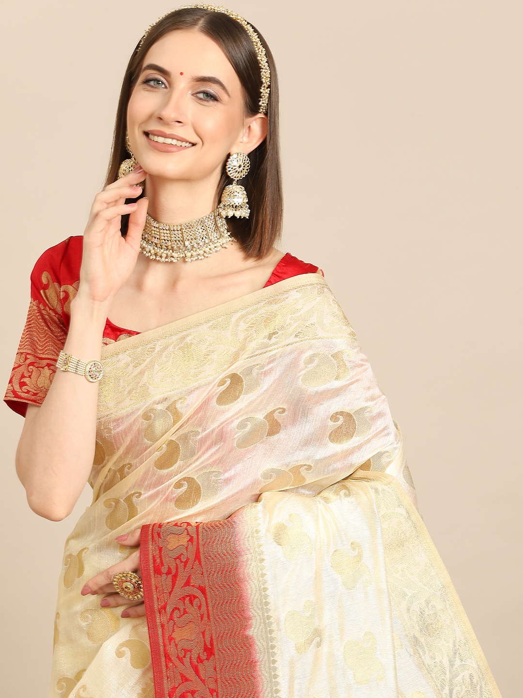 

all about you Beige & Red Woven Design Zari Silk Blend Kanjeevaram Saree