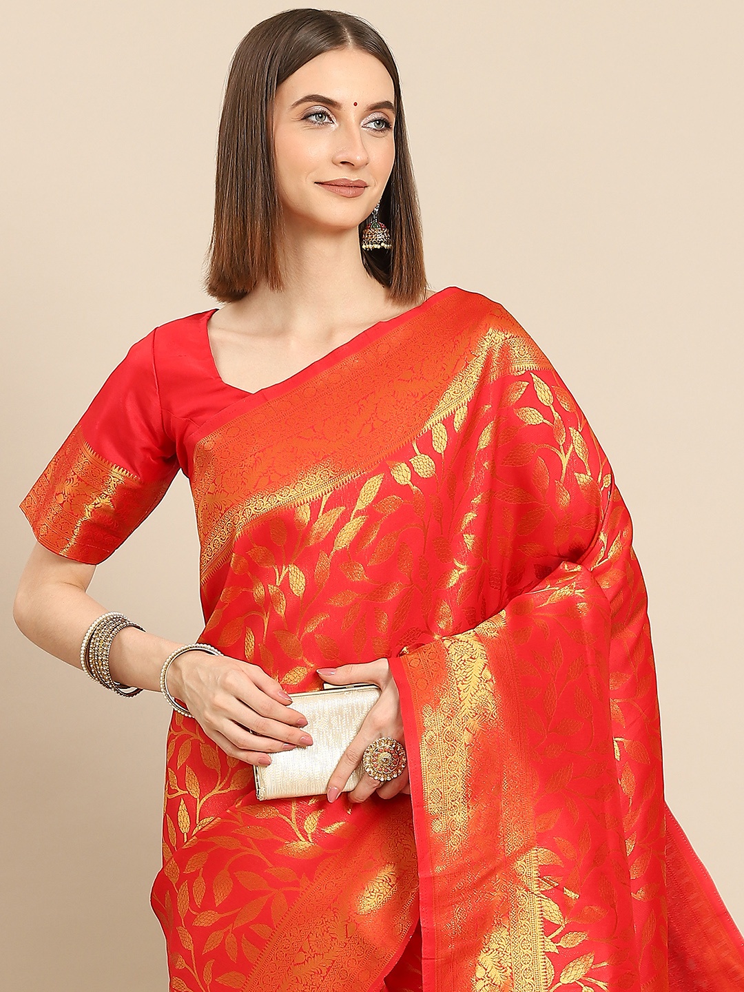 

all about you Red & Gold-Toned Woven Design Zari Silk Blend Kanjeevaram Saree