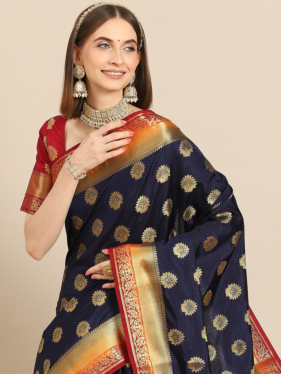 

all about you Blue & Gold-Toned Woven Design Zari Silk Blend Kanjeevaram Saree