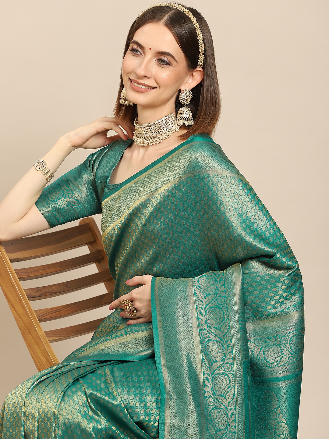 

all about you Teal Green & Gold-Toned Woven Design Zari Silk Blend Kanjeevaram Saree