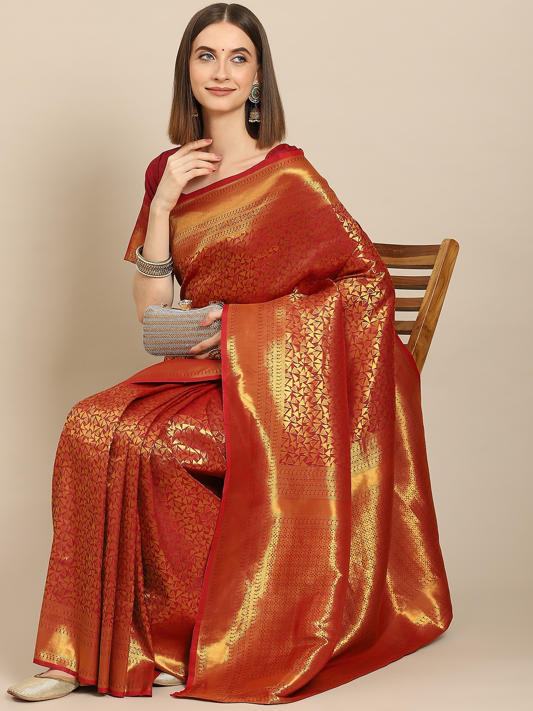 

all about you Maroon & Gold-Toned Woven Design Zari Silk Blend Kanjeevaram Saree