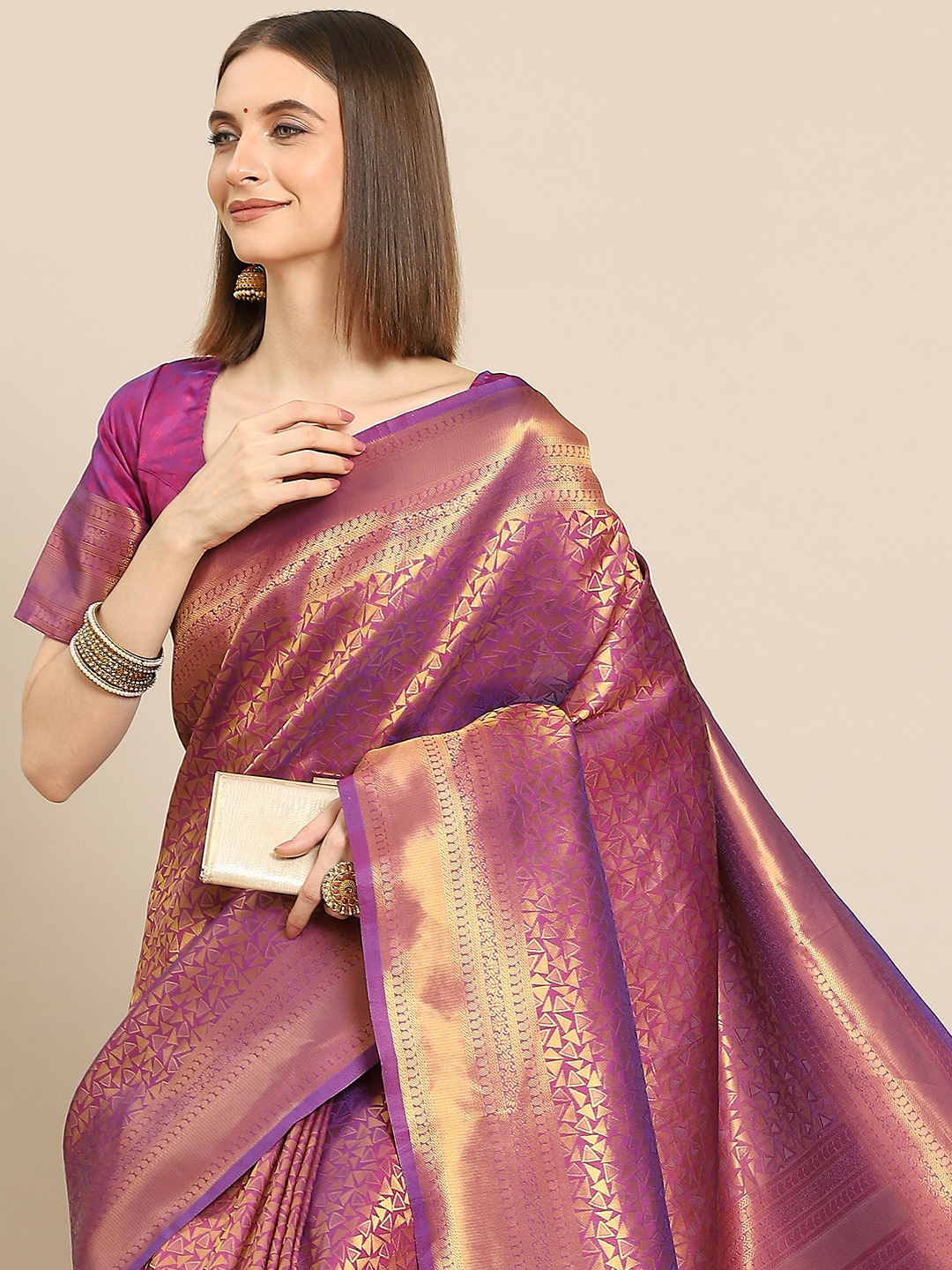 

all about you Purple & Gold-Toned Woven Design Silk Blend Kanjeevaram Saree