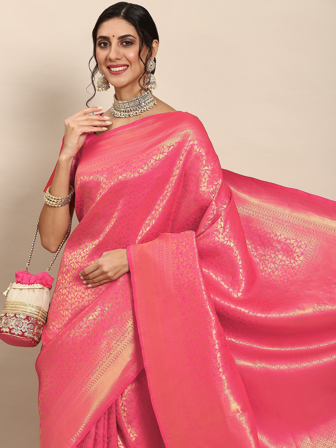 

all about you Red & Gold Silk Blend Kanjeevaram Celebrity Saree