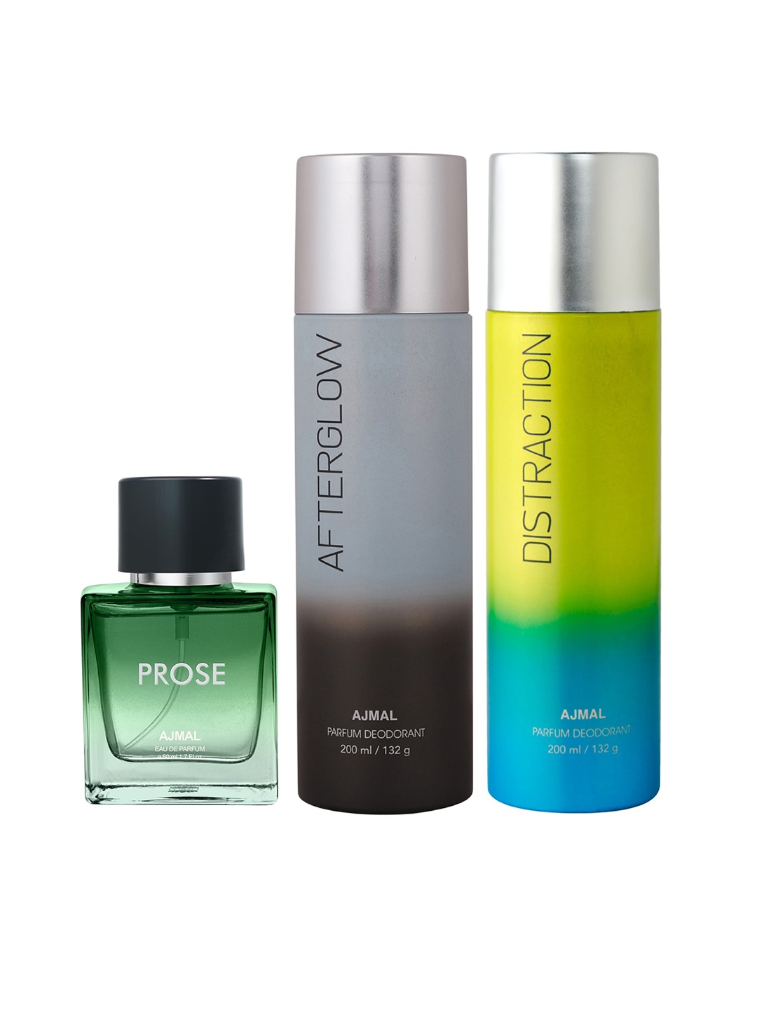 

Ajmal Distraction Deodorant 200ml + Afterglow Deodorant 200ml + Prose Eau De Parfum 50ml, Yellow