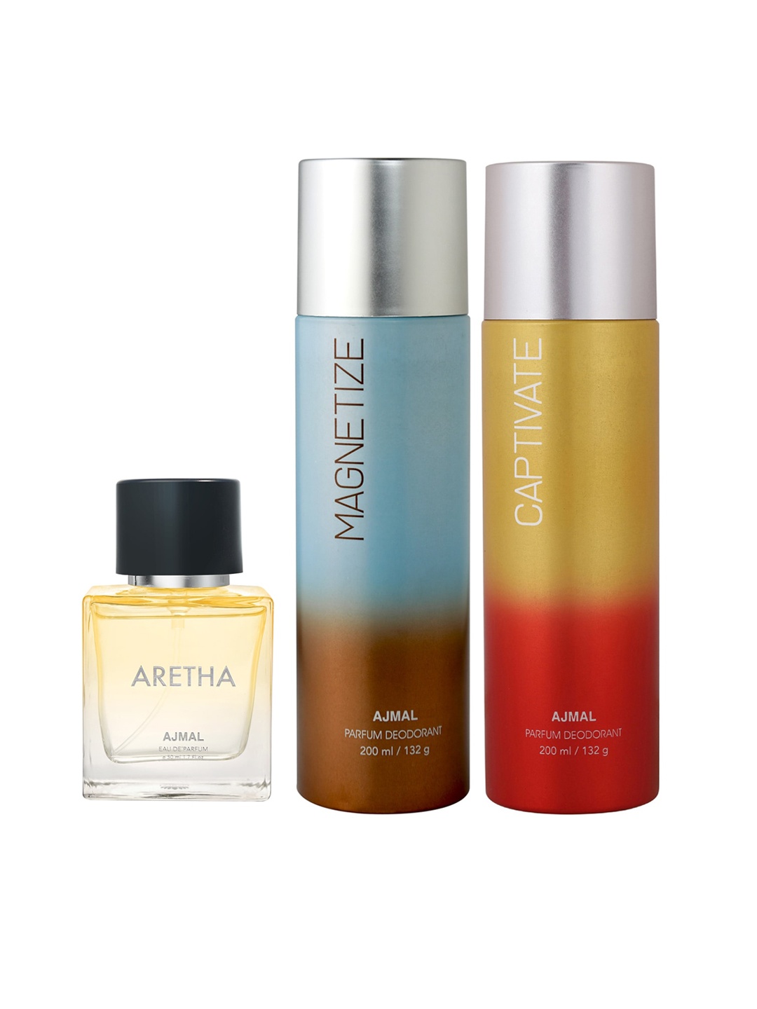 

Ajmal Aretha Eau de Parfum 50ml with Magnetize & Captivate Deodorant 200ml each, Yellow