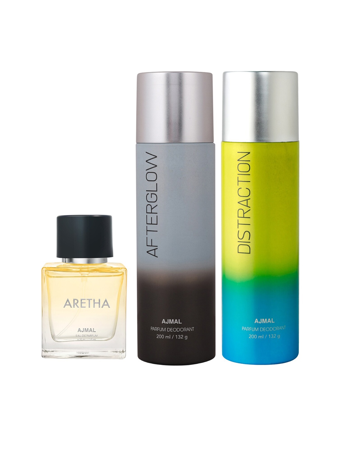 

Ajmal Aretha Eau de Parfum 50ml with Distraction & AfterGlow Deodorant 200ml each, Yellow