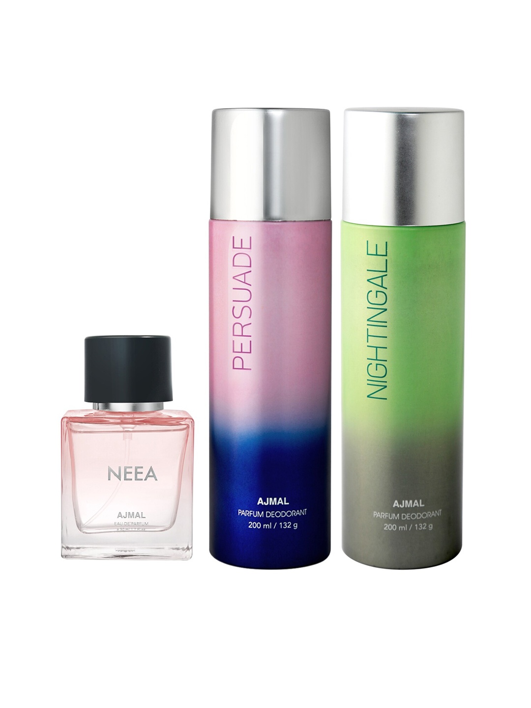 

Ajmal Neea Eau de Parfum 50ml with Nightingale & Persuade Deodorants 200ml each, Pink