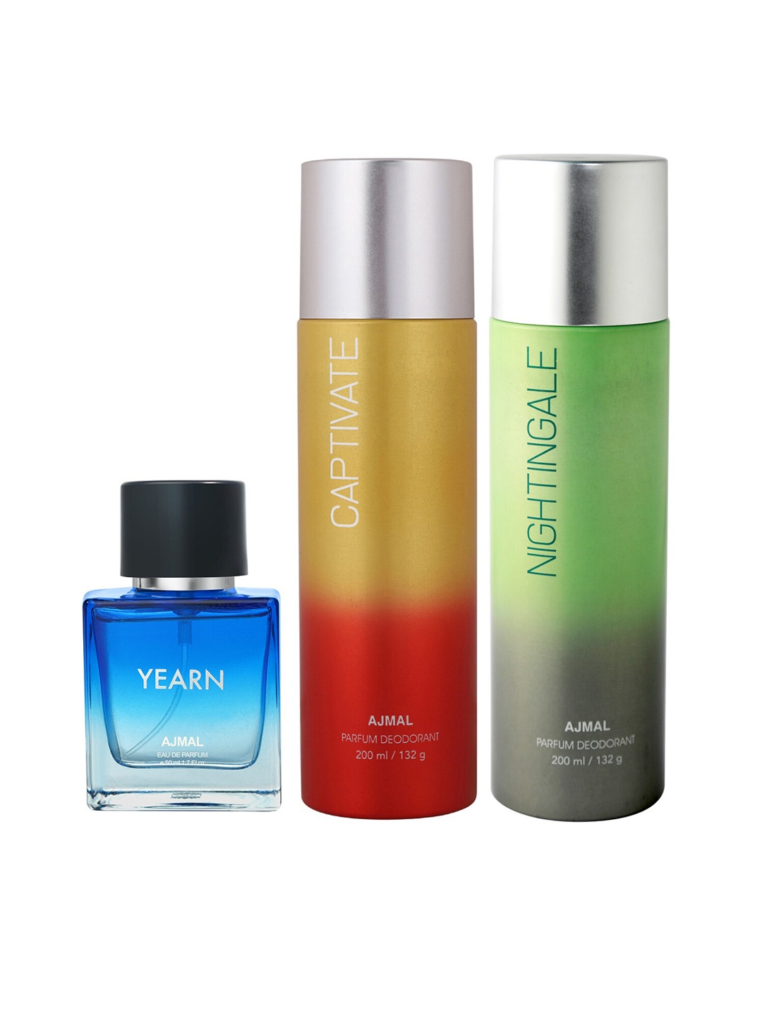 

Ajmal Yearn Eau de Parfum 50ml with Captivate & Nightingale Deodorants 200ml each, Blue