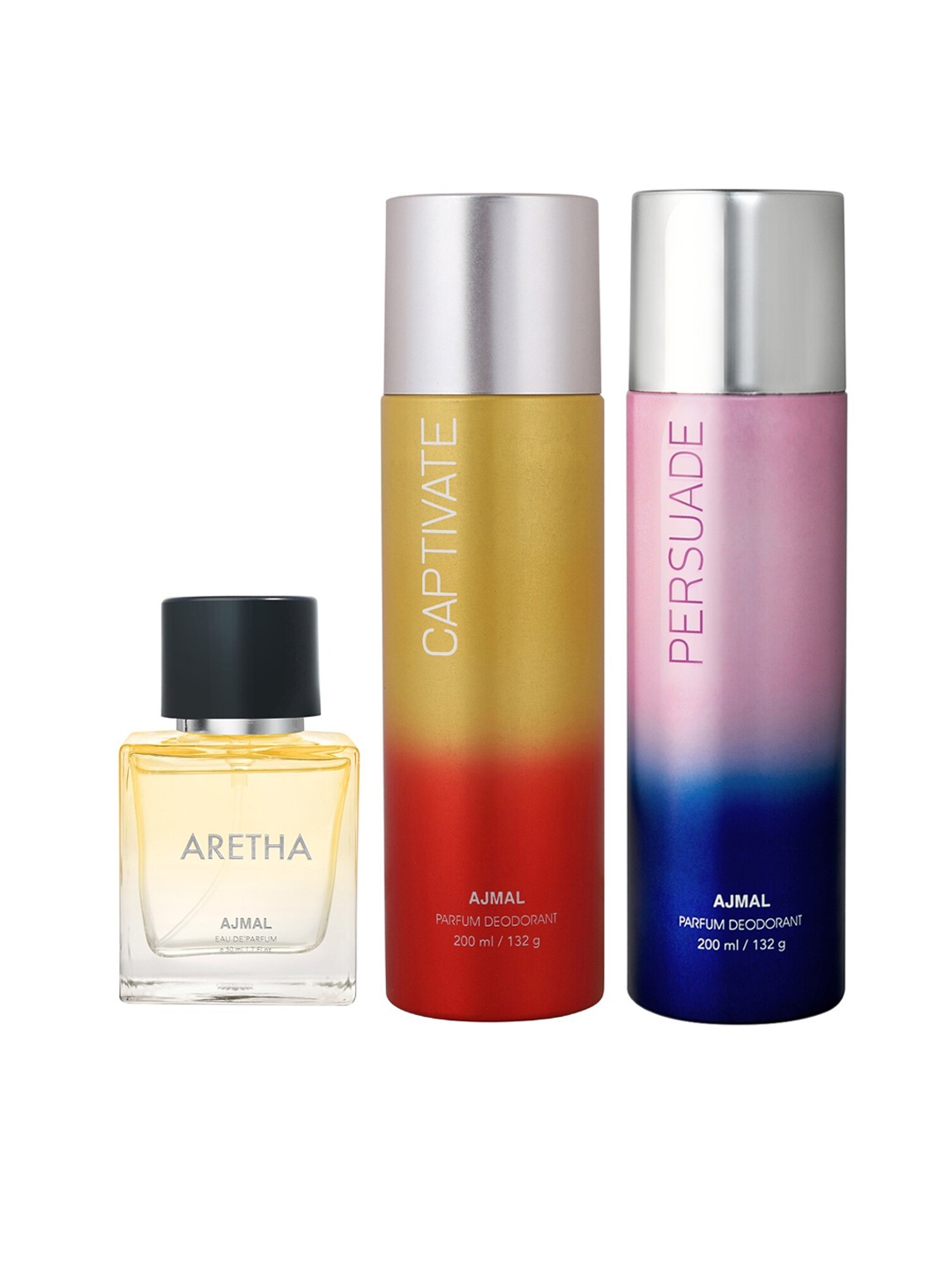 

Ajmal Aretha Eau de Parfum 50ml with Persuade & Captivate Deodorant 200ml each, Yellow
