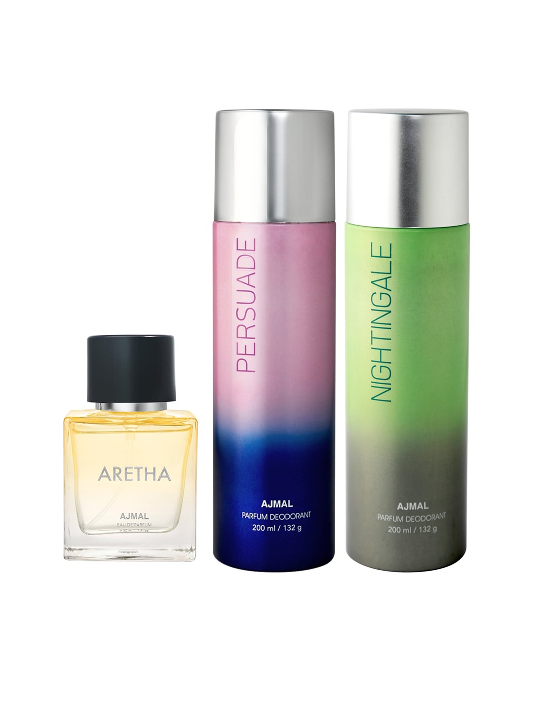 

Ajmal Aretha Eau de Parfum 50ml with Persuade & Nightingale Deodorant 200ml each, Yellow