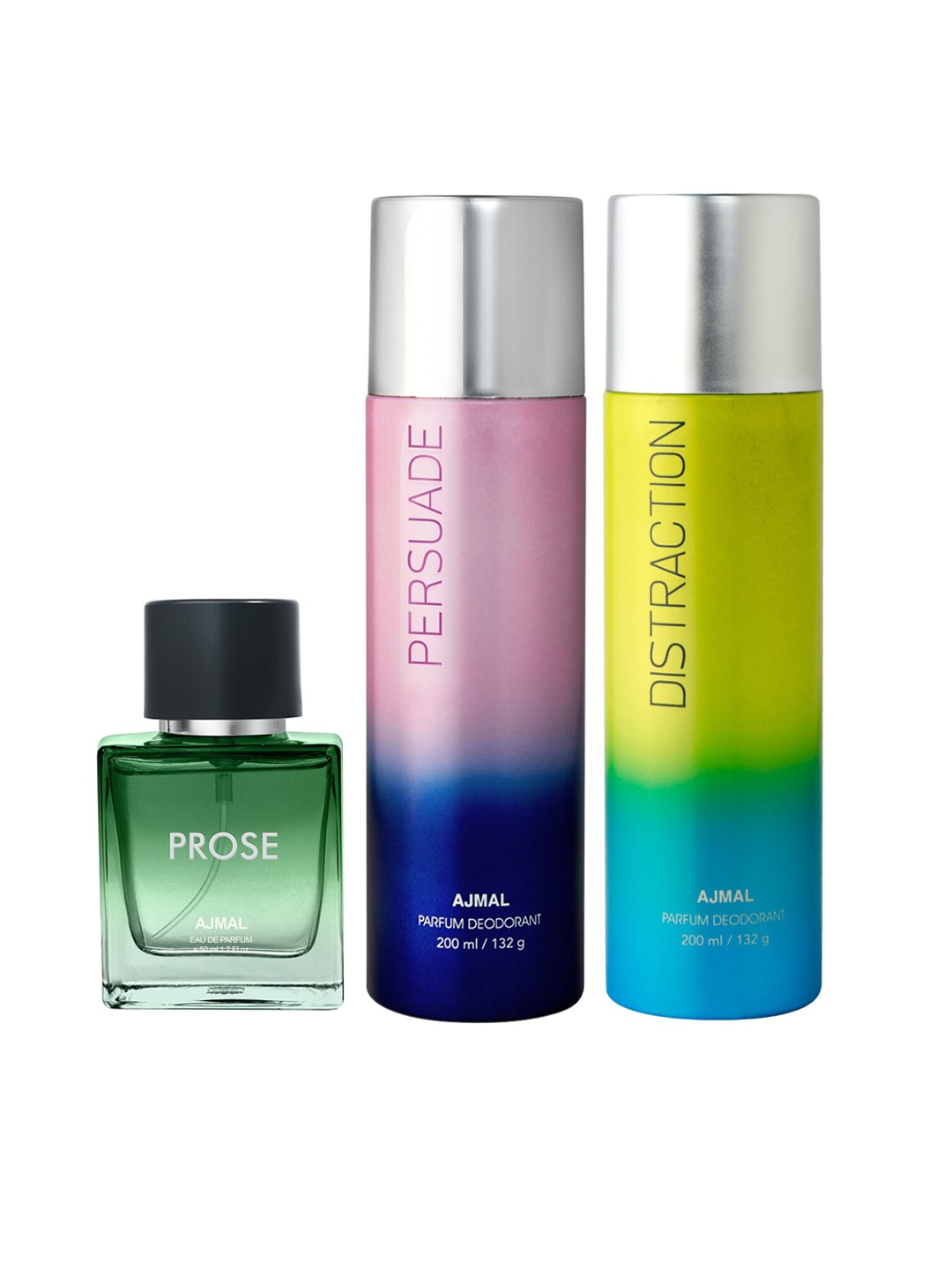 

Ajmal Prose Eau de Parfum 50ml with Persuade & Distraction Deodorant 200ml each, Green