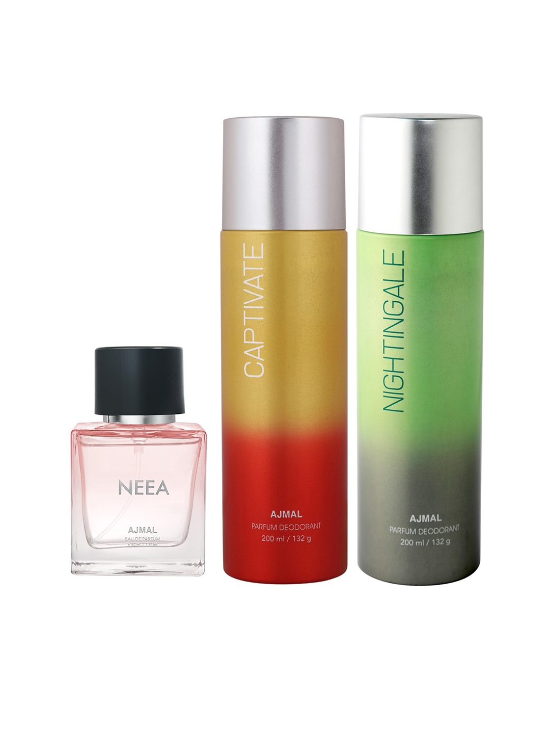 

Ajmal Neea Eau de Parfum 50ml with Captivate & Nightingale Deodorants 200ml each, Pink